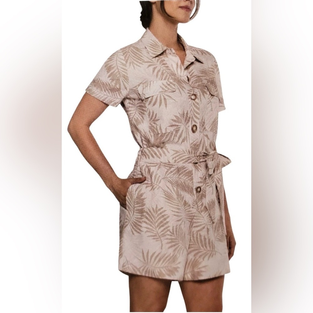 Matty M Romper Large Hawaiian Safari Floral Linen Blend Tie Waist NWT